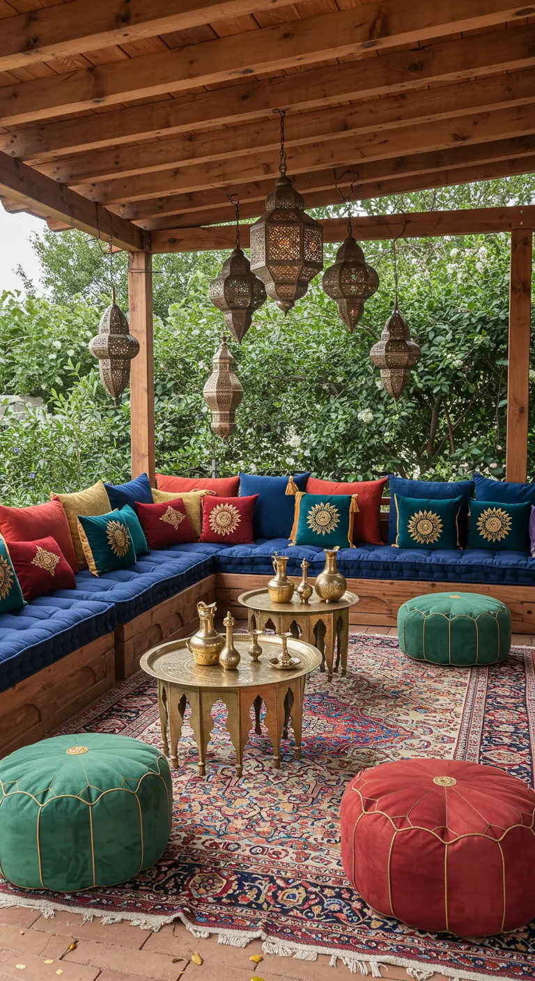Sfeervolle oosterse lounge met blauwe banken, kleurrijke kussens, poefs en lantaarns.