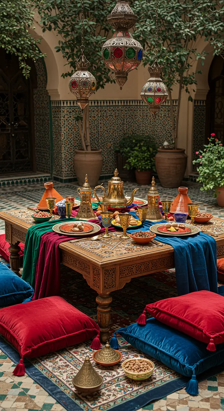 Marokkaanse brunchsetting met lage tafel, kleurrijke kussens, lantaarns en mozaïektegels.