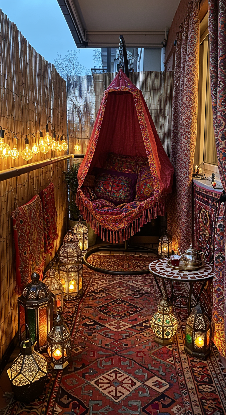 Balkon in Marokkaanse stijl met hangtent, rieten mat, kleurrijke kleden en vele oosterse lantaarns.