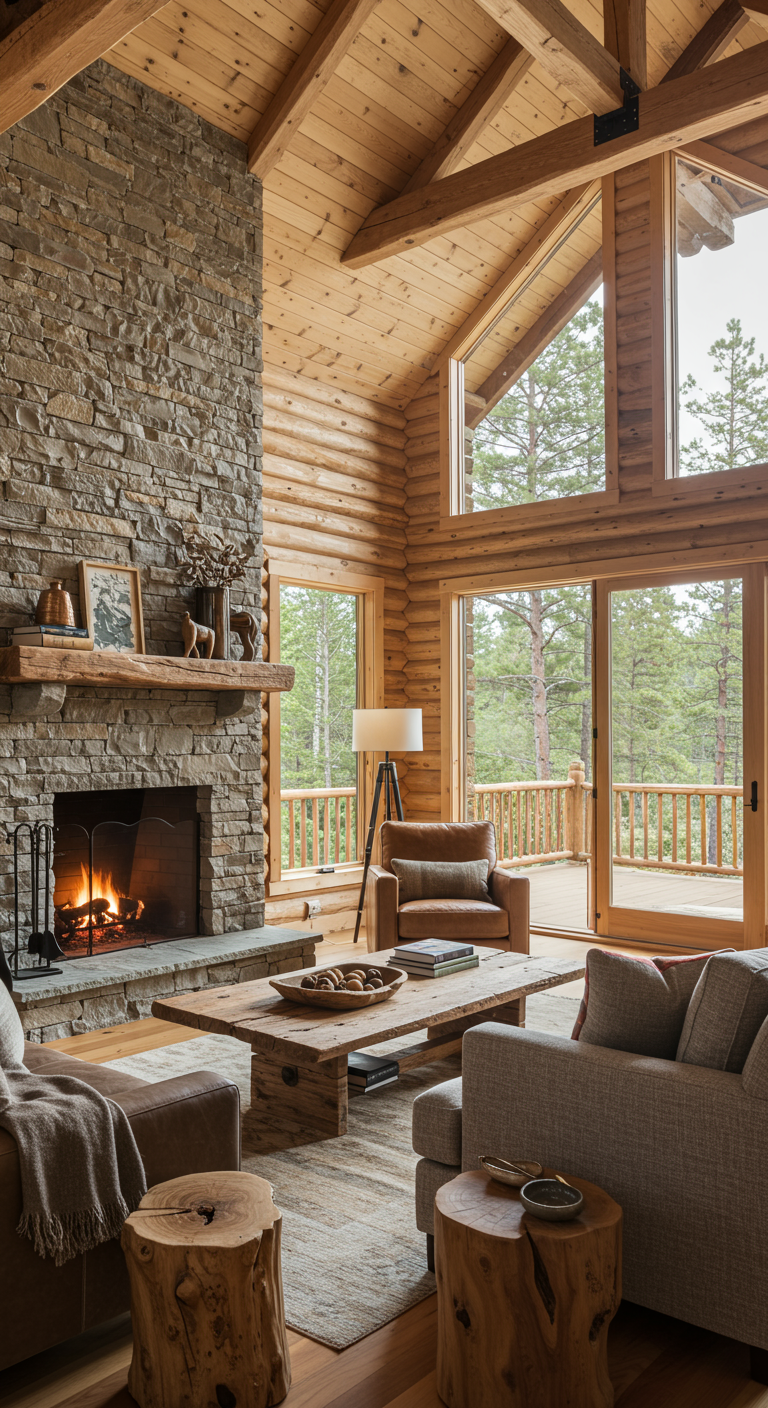 Chalet-stijl woonkamer met lichte houten muren en plafond, en een grote natuurstenen schouw.