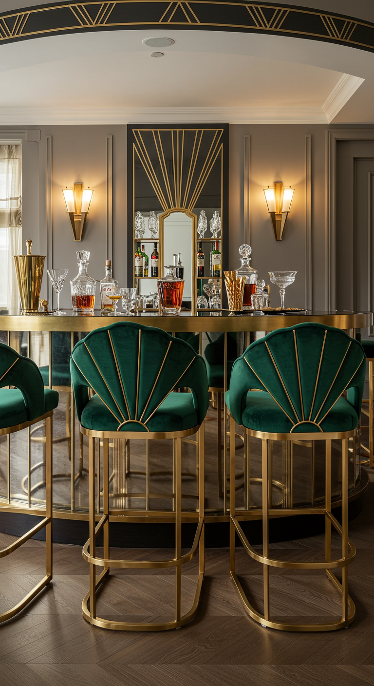 Luxe barsetting met smaragdgroene fluwelen Art Deco barkrukken met gouden frame.