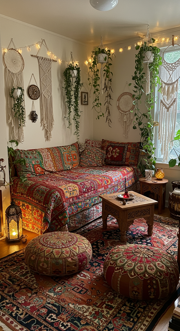 Bohemian woonkamer met daybed, veel textiel, hangplanten en lichtslingers.
