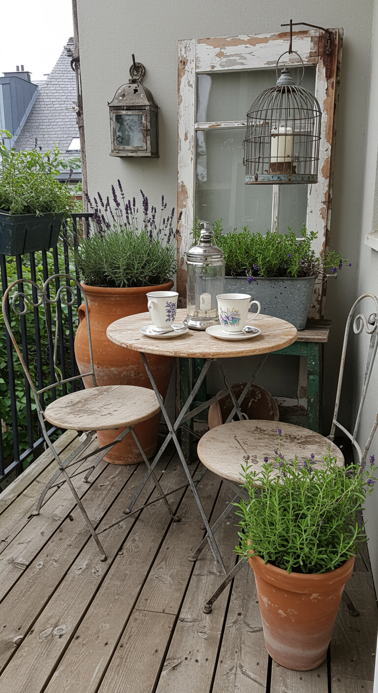 Vintage bistroset op houten balkonvloer met oude deur, vogelkooi en lavendel.