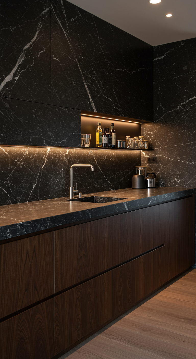 Luxe donkere keuken met zwart marmeren achterwand, notenhouten kasten en een verlichte nis.