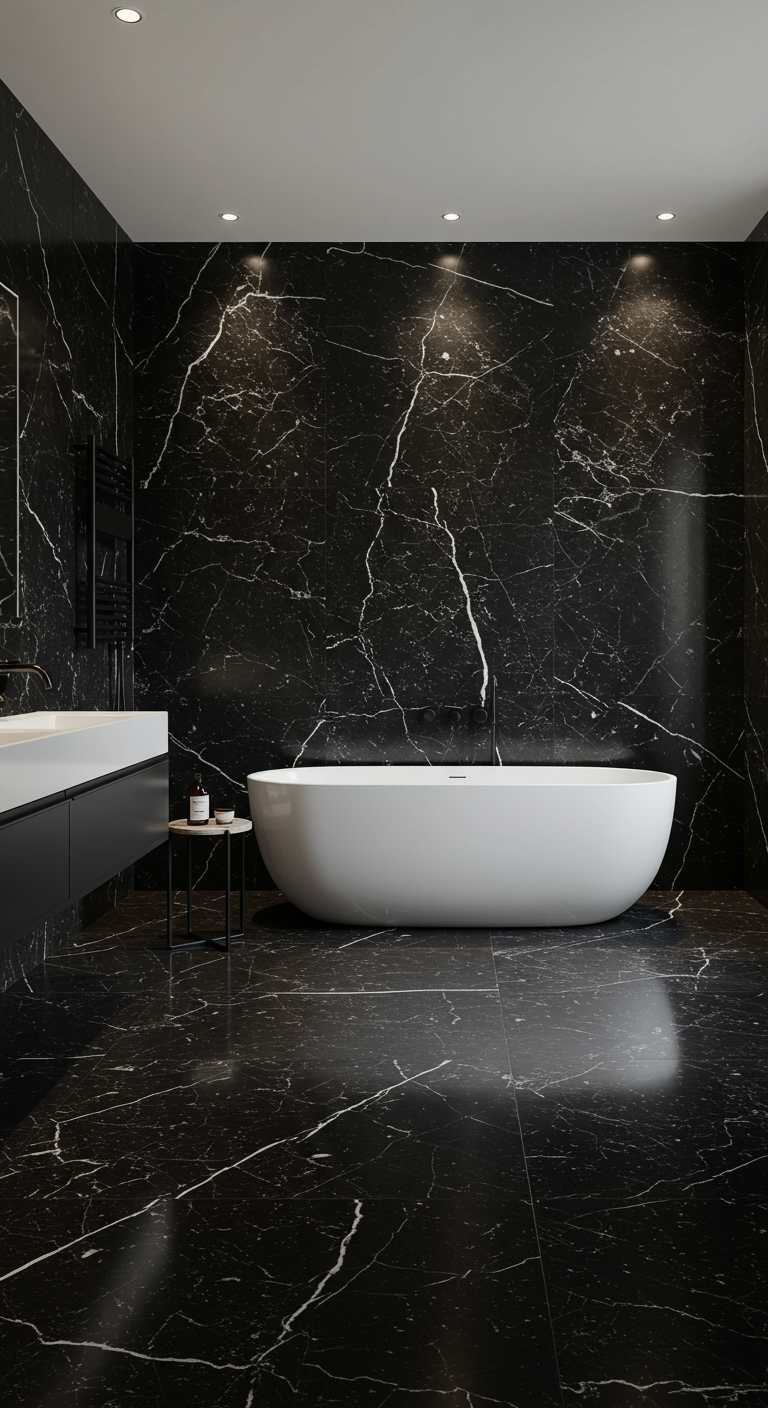 Moderne badkamer met glanzende zwarte marmeren wanden en vloer, en een wit vrijstaand bad.
