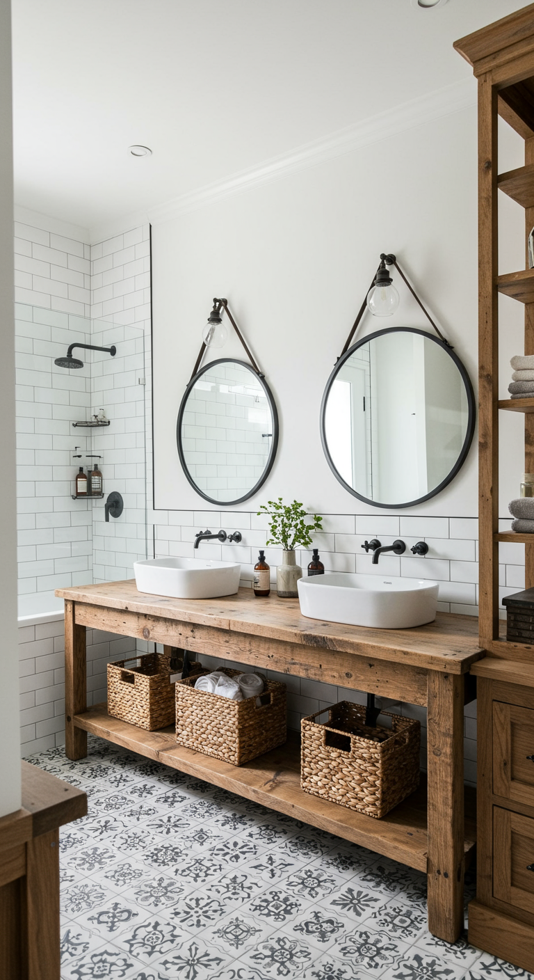 Farmhouse badkamer met houten meubel, dubbele wasbak en twee ronde spiegels.