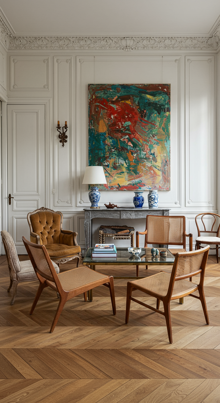 Elegante woonkamer met een mix van klassieke en moderne stoelen rond een tafel.