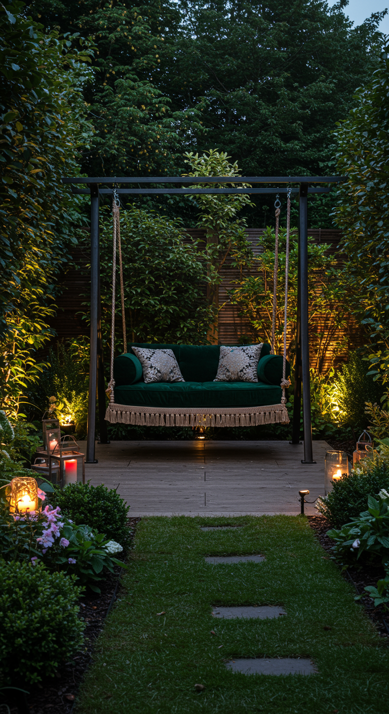 Donkergroen fluwelen schommelbed met franjes, 's avonds verlicht in een tuin met spotlights en lantaarns.