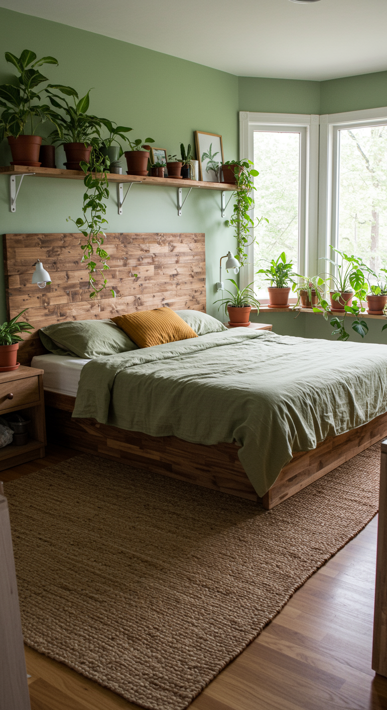 Slaapkamer met groene muren en heel veel kamerplanten op planken en vensterbank.