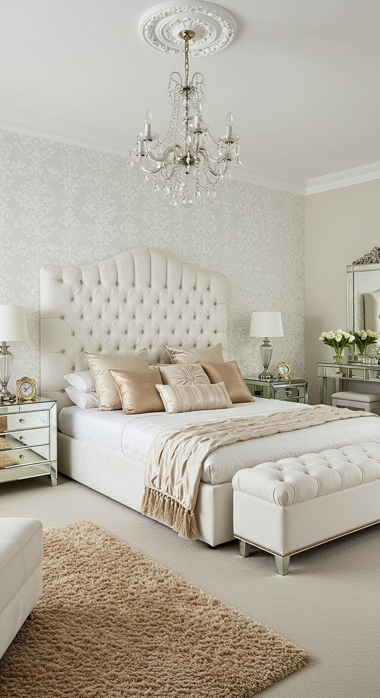Klassieke witte slaapkamer met gecapitonneerd hoofdbord, kroonluchter en spiegeldetails.