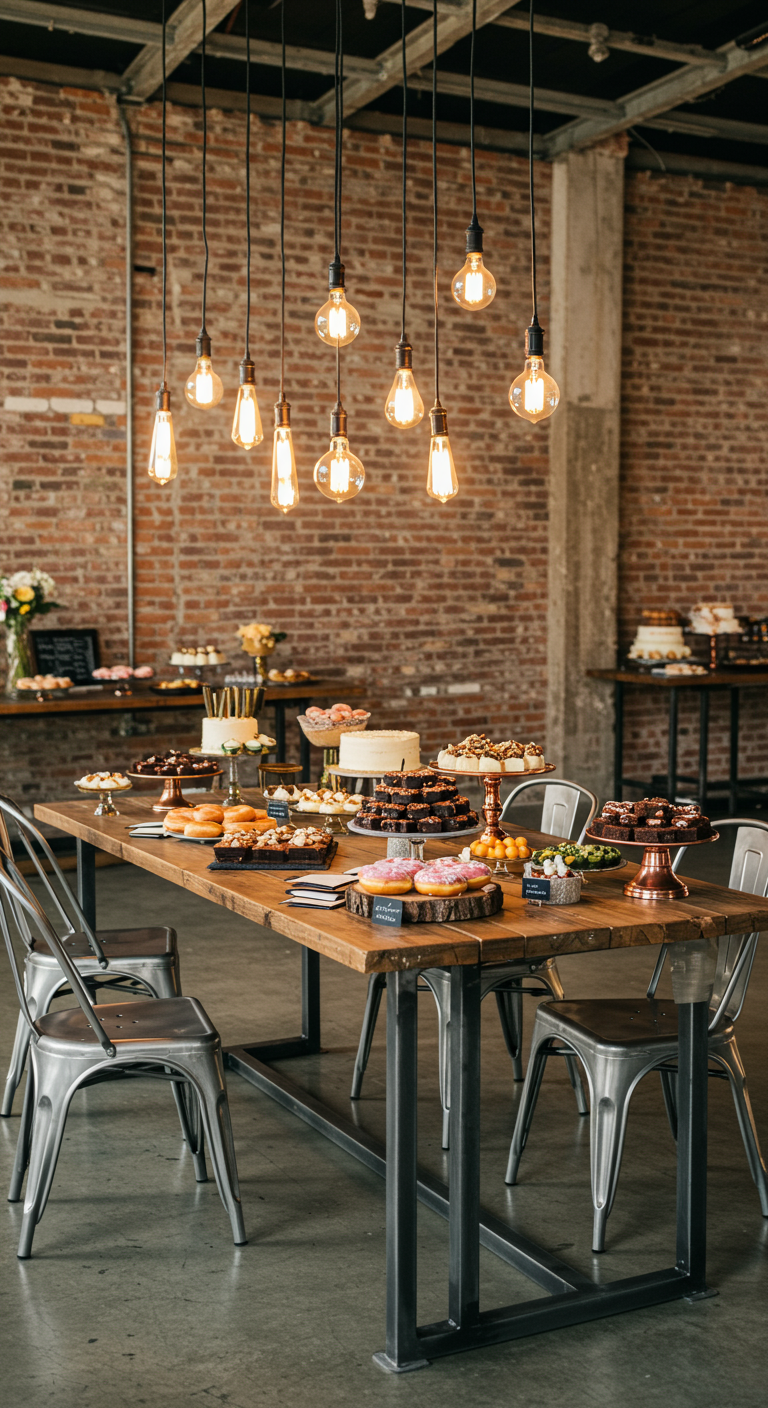 Industriële sweet table met houten tafel, metalen stoelen en hangende Edison-lampen.