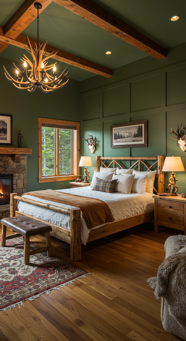 Rustieke slaapkamer met jagersgroene muren, houten bed en een kroonluchter van geweien.