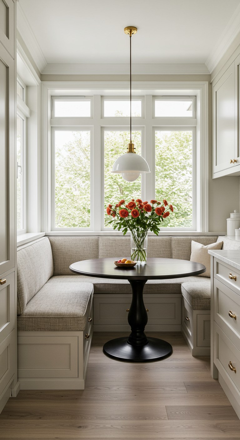 Ingebouwde eethoek met een bank, ronde tafel en een witte hanglamp bij een raam.