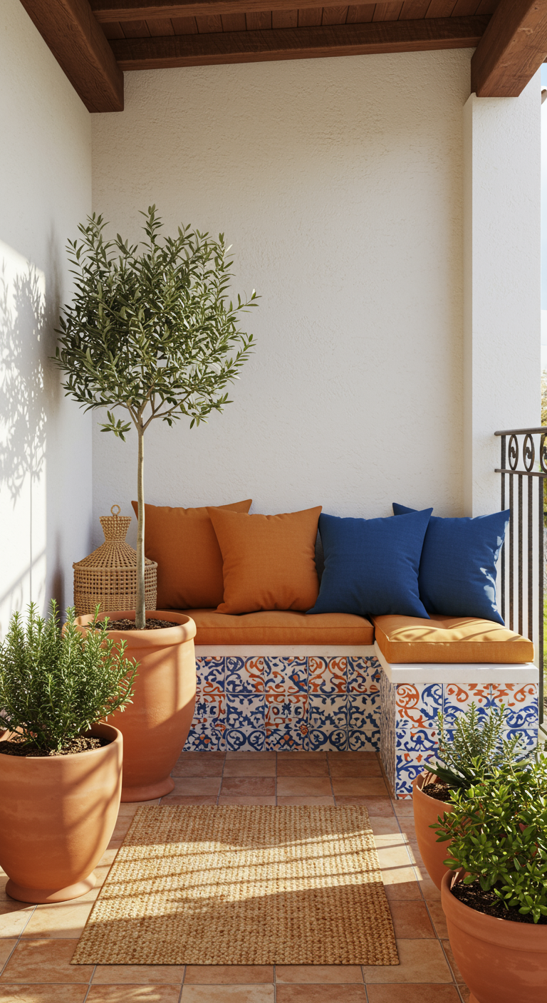 Balkon met ingebouwde bank met Portugese tegels, olijfboom en terracotta potten.