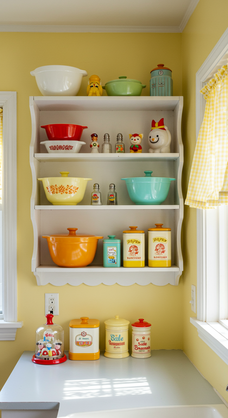 Witte wandplanken met geschulpte randjes, gevuld met retro servies in pastelkleuren tegen een gele muur.