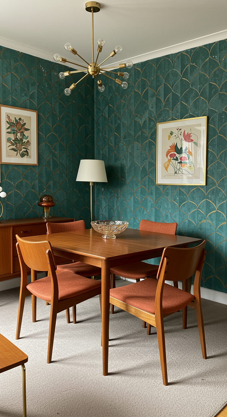Retro eethoek met donkergroen grafisch behang, houten meubels en sputnik lamp.