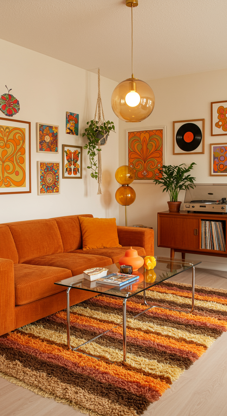 Jaren '70 woonkamer met oranje ribfluweel bank, grafische kunst en hoogpolig tapijt.