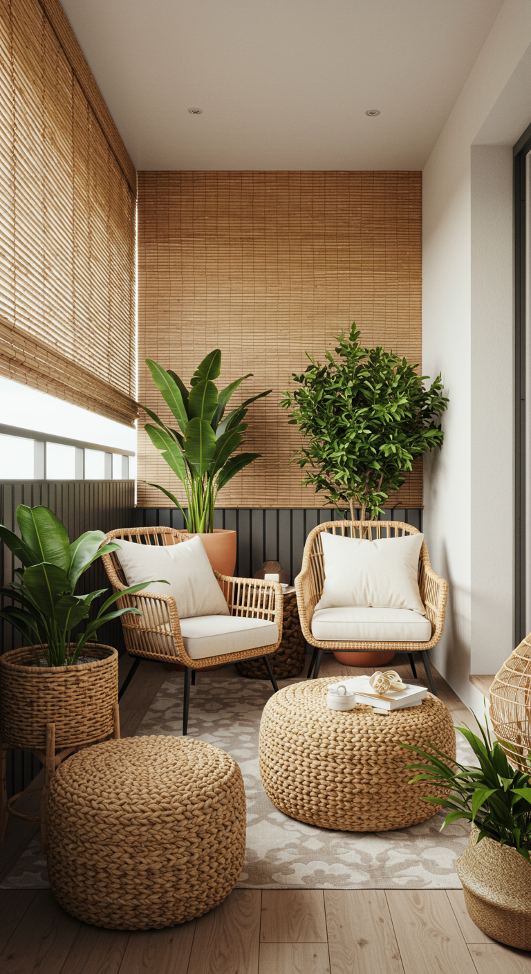 Stijlvol balkon met rieten meubels, bamboe rolgordijnen en veel groene planten in natuurlijke potten.