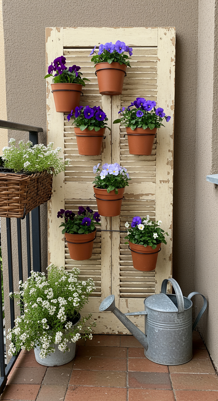 Oud houten luik gebruikt als verticale plantenhanger met terracotta potjes vol violen.