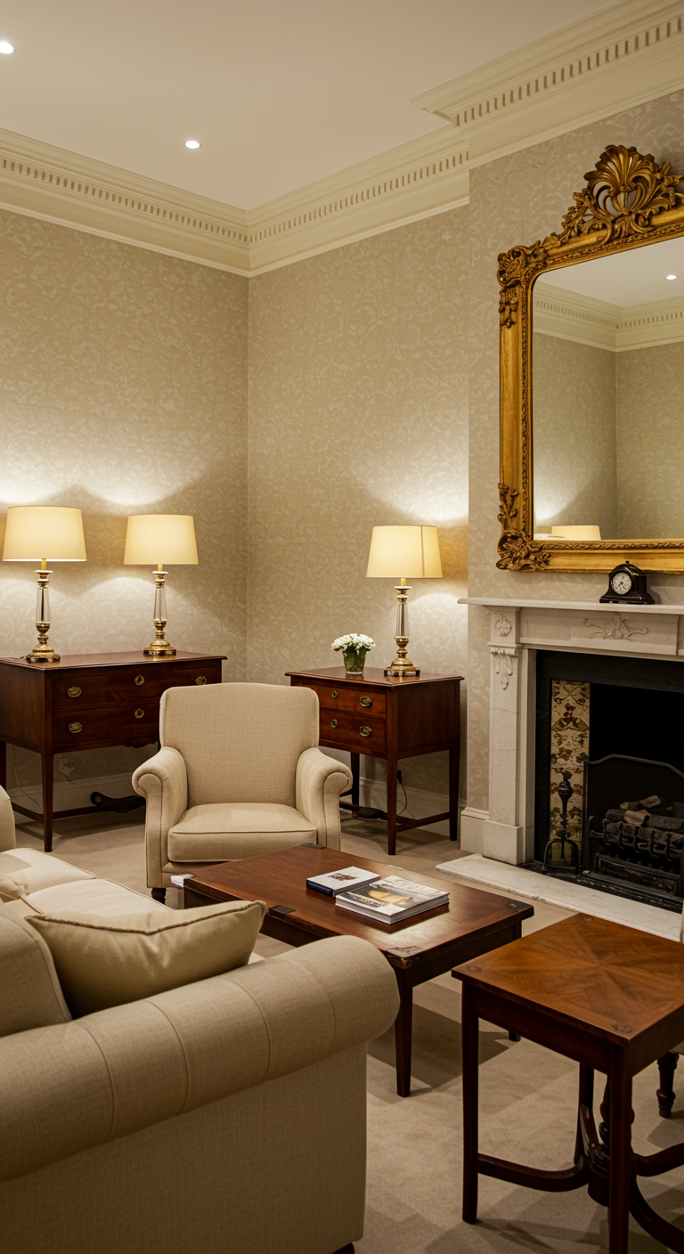 Klassieke woonkamer met beige fauteuils, symmetrisch geplaatste lampen en grote spiegel.