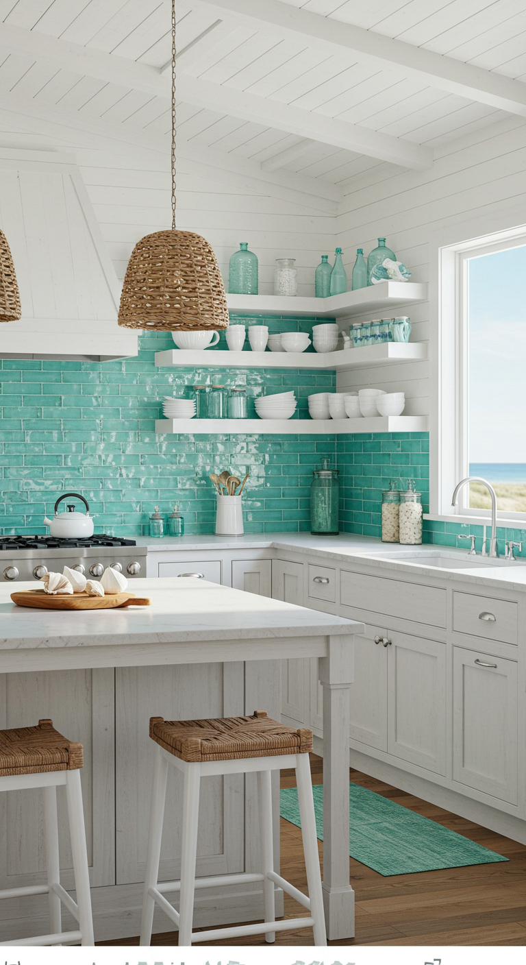 Witte keuken met turquoise tegelwand en rieten lampenkappen.