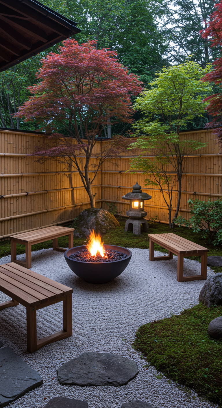 Vuurschaal in Japanse tuin met houten bankjes, grind, bamboe en esdoorns.