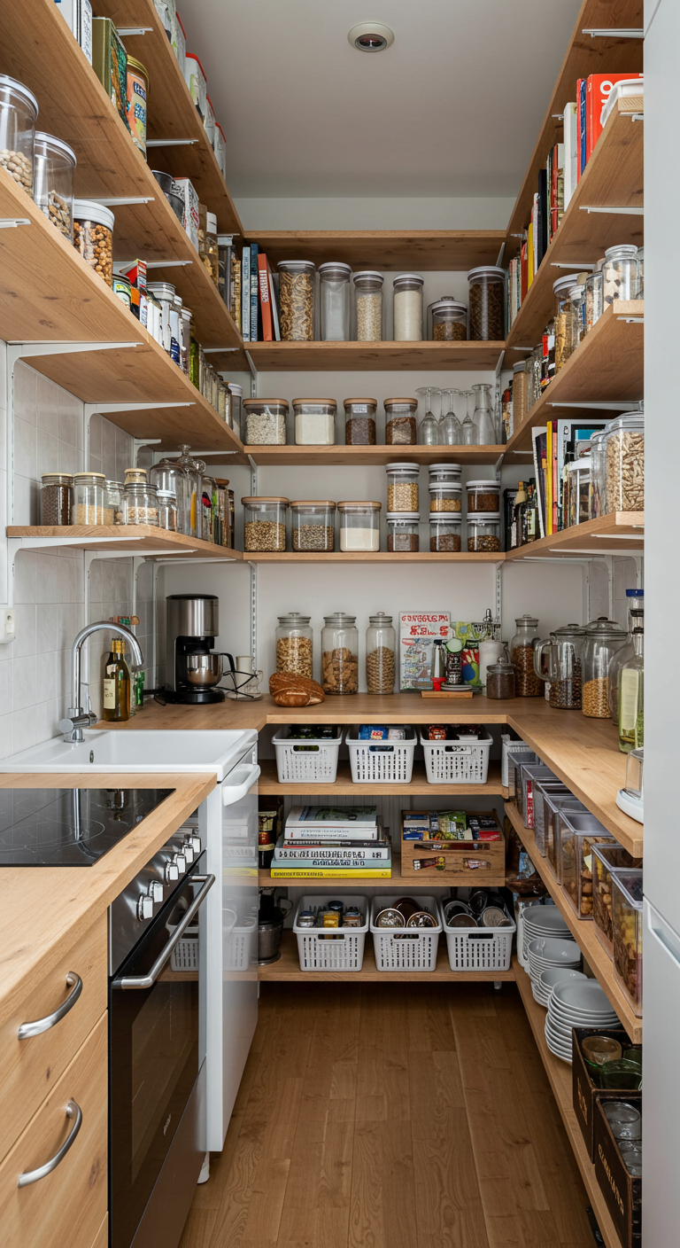 Goed georganiseerde pantry met U-vormige houten wandplanken vol glazen voorraadpotten en opbergmanden.