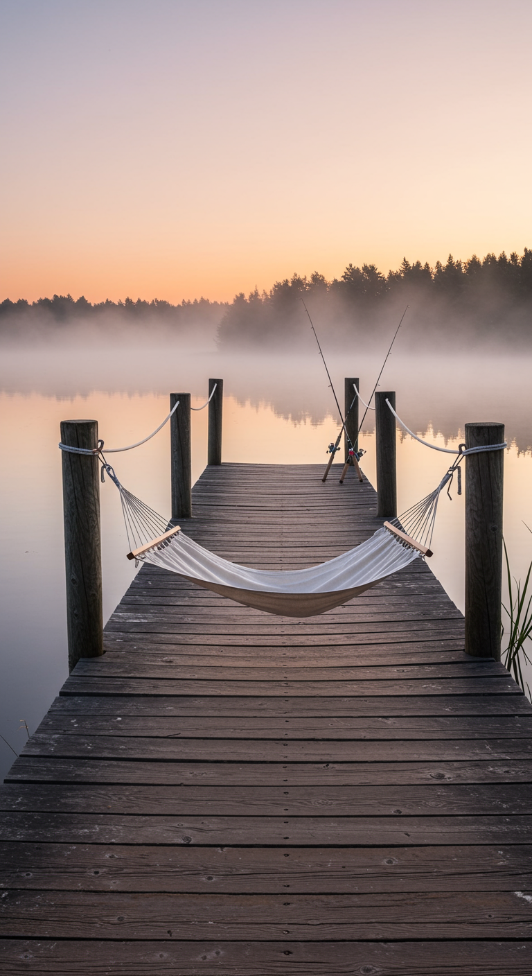 Witte hangmat gespannen tussen twee houten palen op een steiger bij een mistig meer bij zonsopgang.