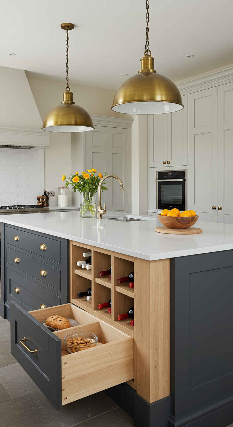 Modern kookeiland met open wijnrek en een open lade voor snacks.