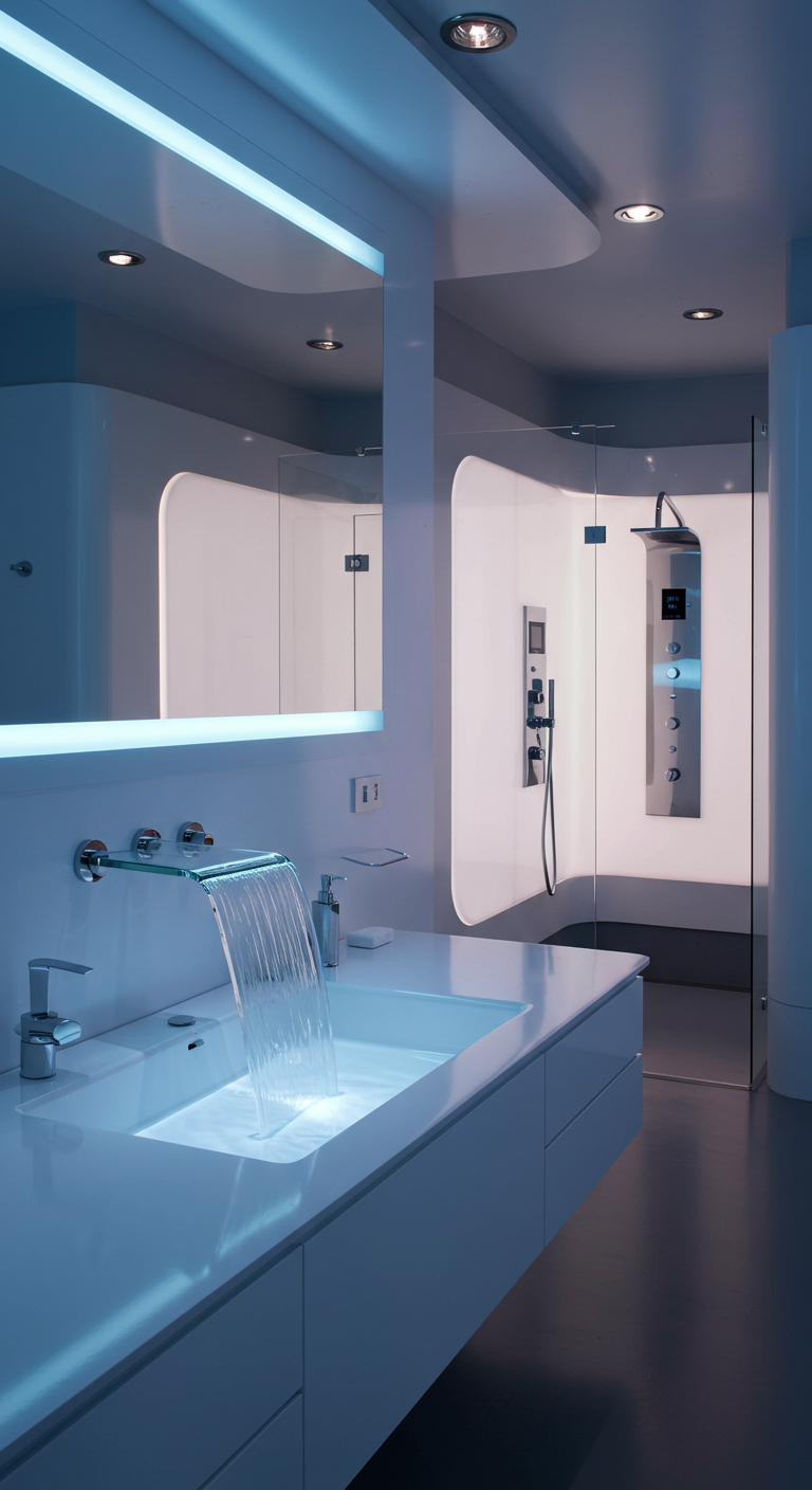 Moderne wastafelkraan met een brede, verlichte watervalstraal in een futuristische badkamer.