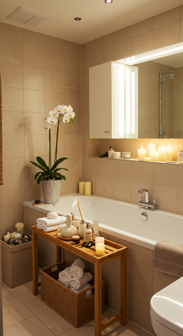 Spa-achtige badkamer met beige tegels, badplank met verzorgingsproducten en kaarsen.