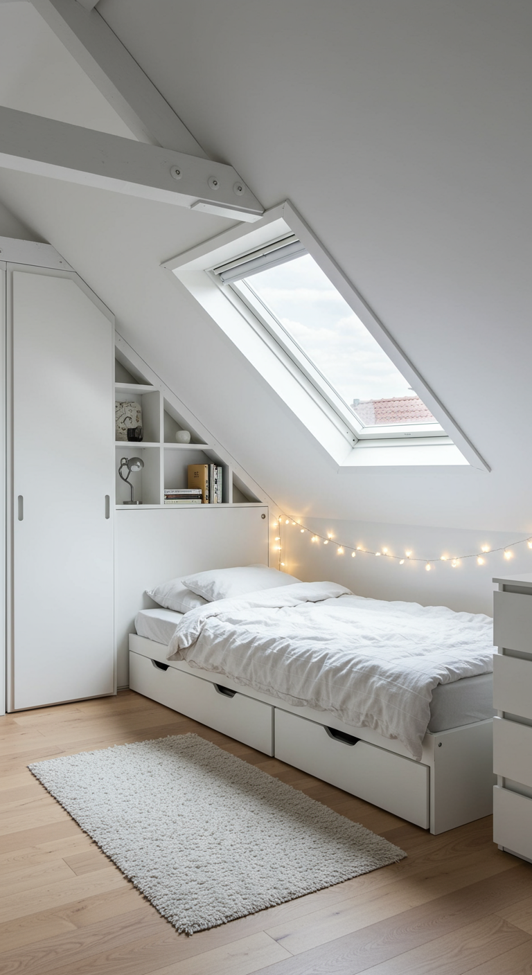 Witte zolderkamer met ingebouwd bed onder schuin dakraam en opberglades.