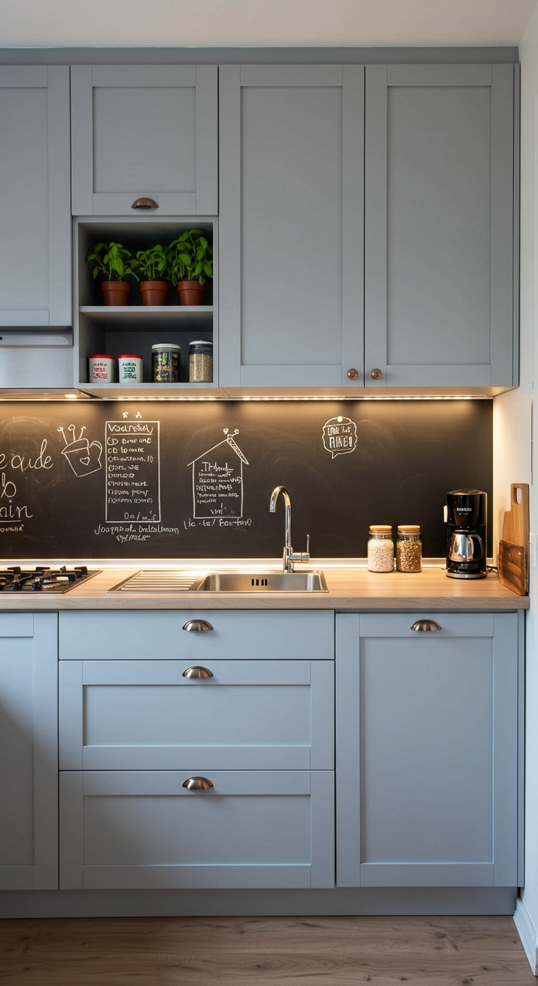 Grijze keuken met een achterwand van schoolbordverf, beschreven met krijt.