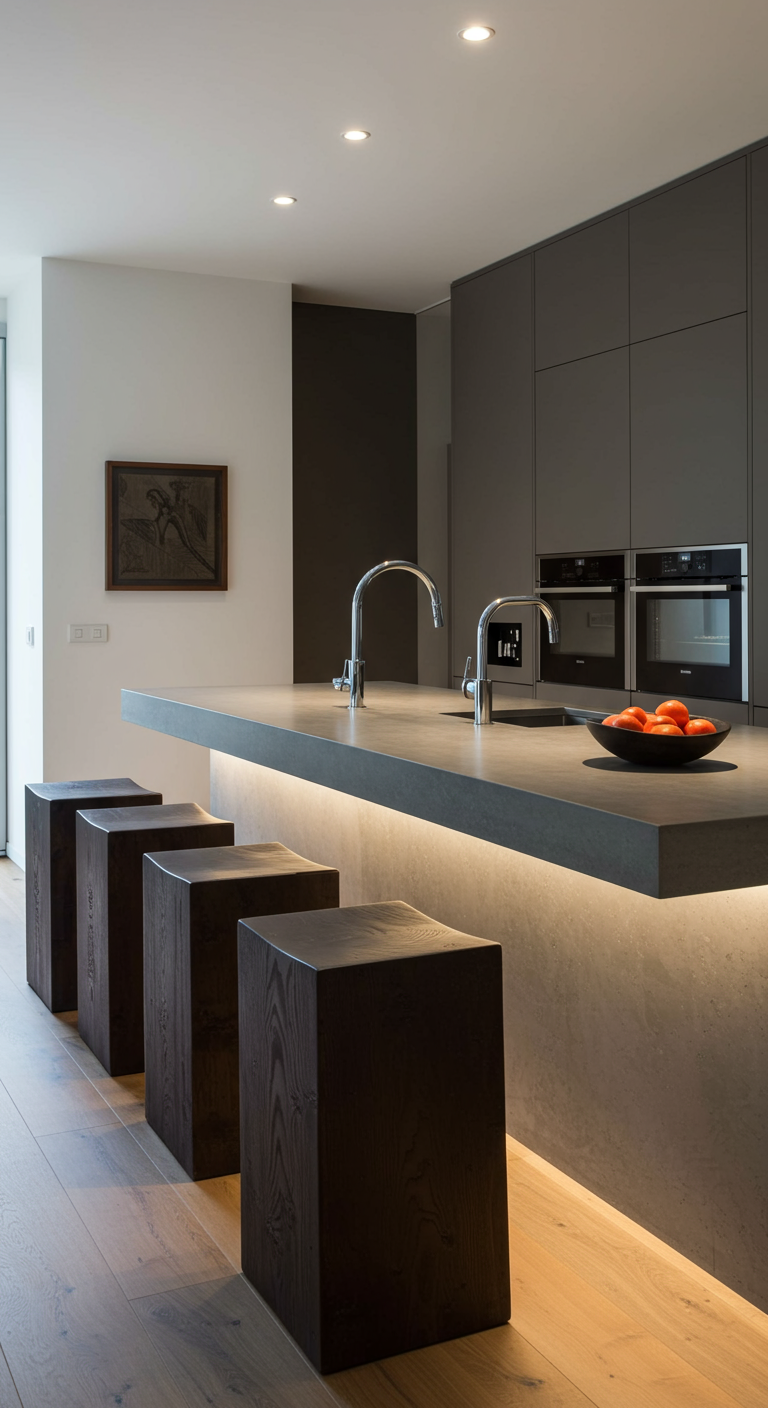 Moderne keuken met grijs eiland en vierkante, donkerhouten barkrukken.