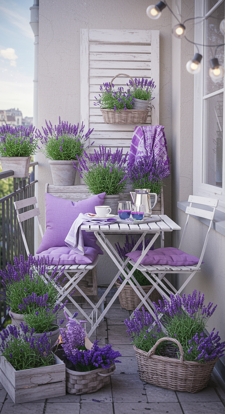 Balkon met witte bistroset en overal lavendel in potten, manden en paarse accenten.