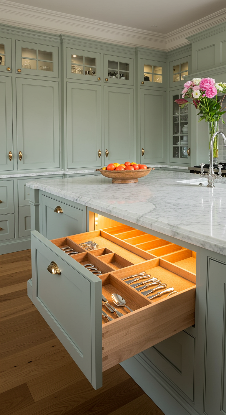Saliegroene keukenlade met houten bestekbak en ingebouwde warme LED-verlichting.