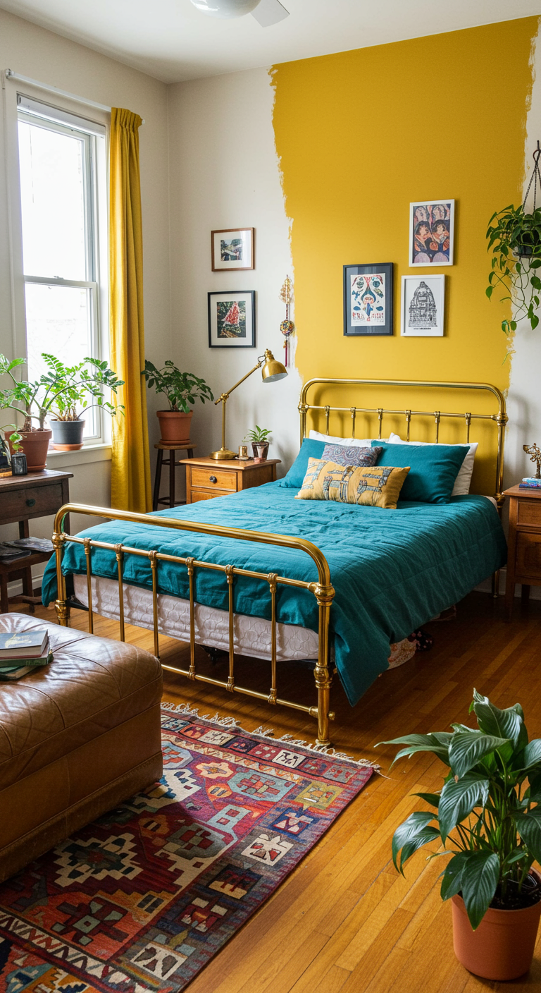 Eclectische slaapkamer met okergele accentmuur, petrolblauw beddengoed en messing bedframe.