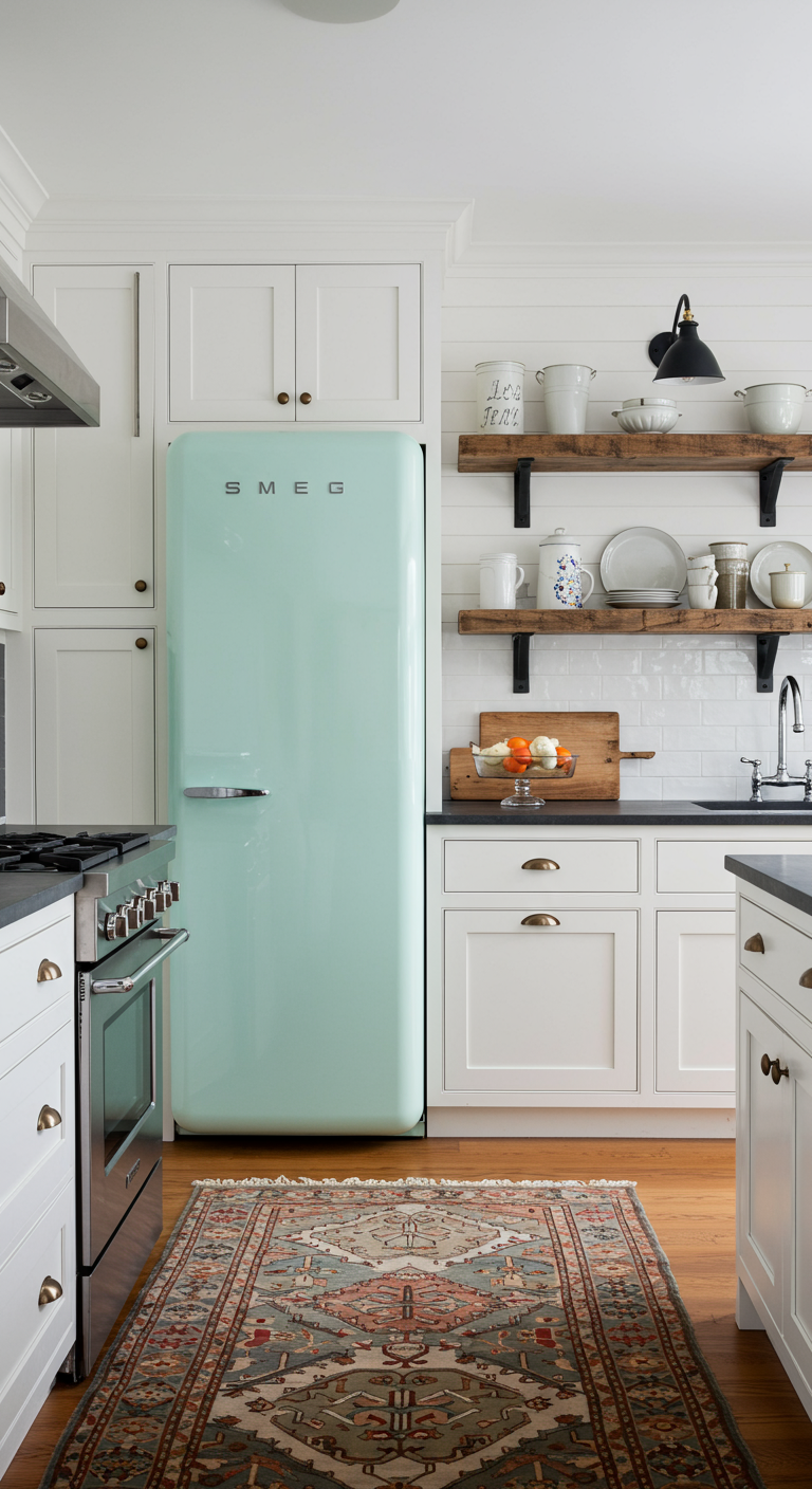 Witte keuken met mintgroene retro koelkast en Perzisch tapijt.