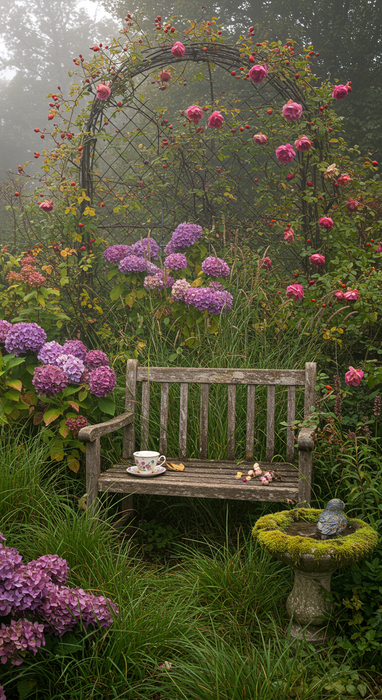 Verweerd houten bankje onder rozenboog in een mistige, romantische tuin met hortensia's.