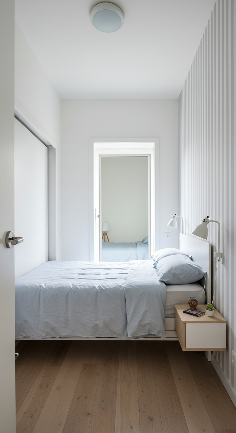 Smalle witte slaapkamer met grijs-wit gestreept behang en zwevend nachtkastje.