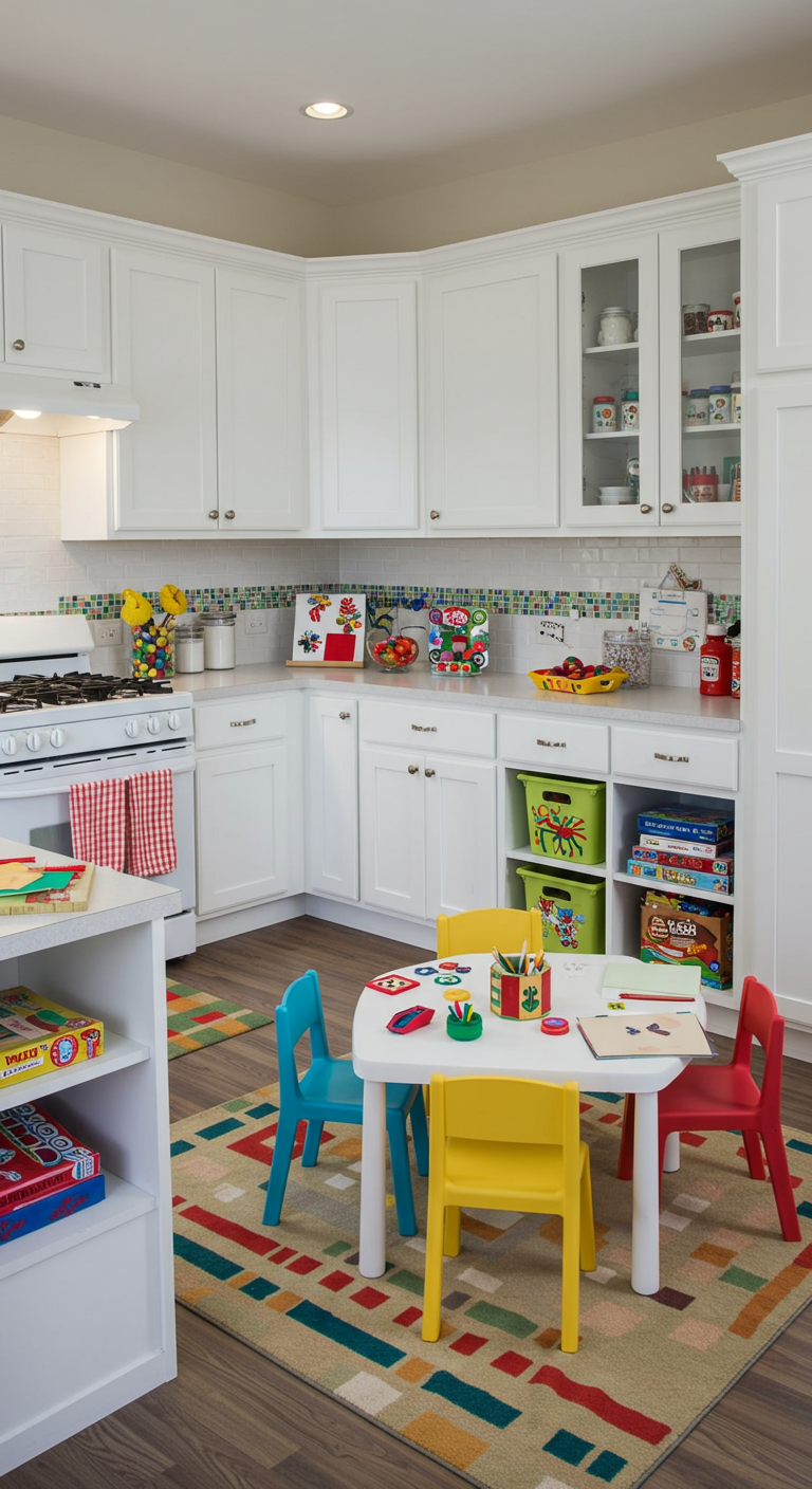 Witte keuken met een vrolijk ingericht speelhoekje voor kinderen met een tafeltje en speelgoed.