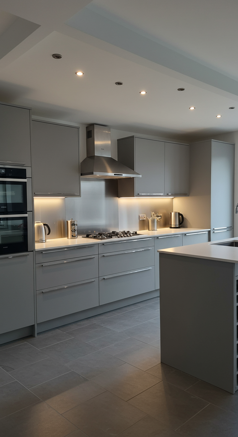 Moderne grijze keuken met RVS achterwand en kookeiland.