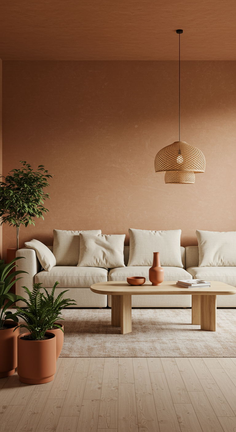Woonkamer met terracotta muren, beige bank, planten en een rotan hanglamp.