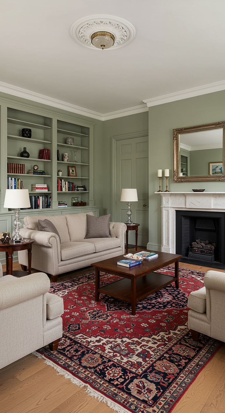 Klassieke woonkamer met saliegroene muren en ingebouwde kasten, crèmekleurige banken.