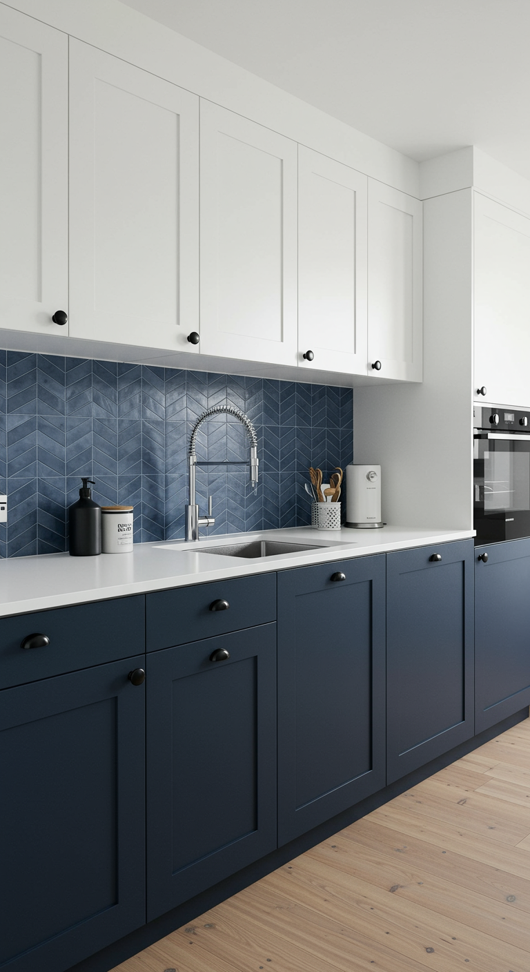Keuken met donkerblauwe onderkasten, witte bovenkasten en een blauwe visgraat tegelwand.