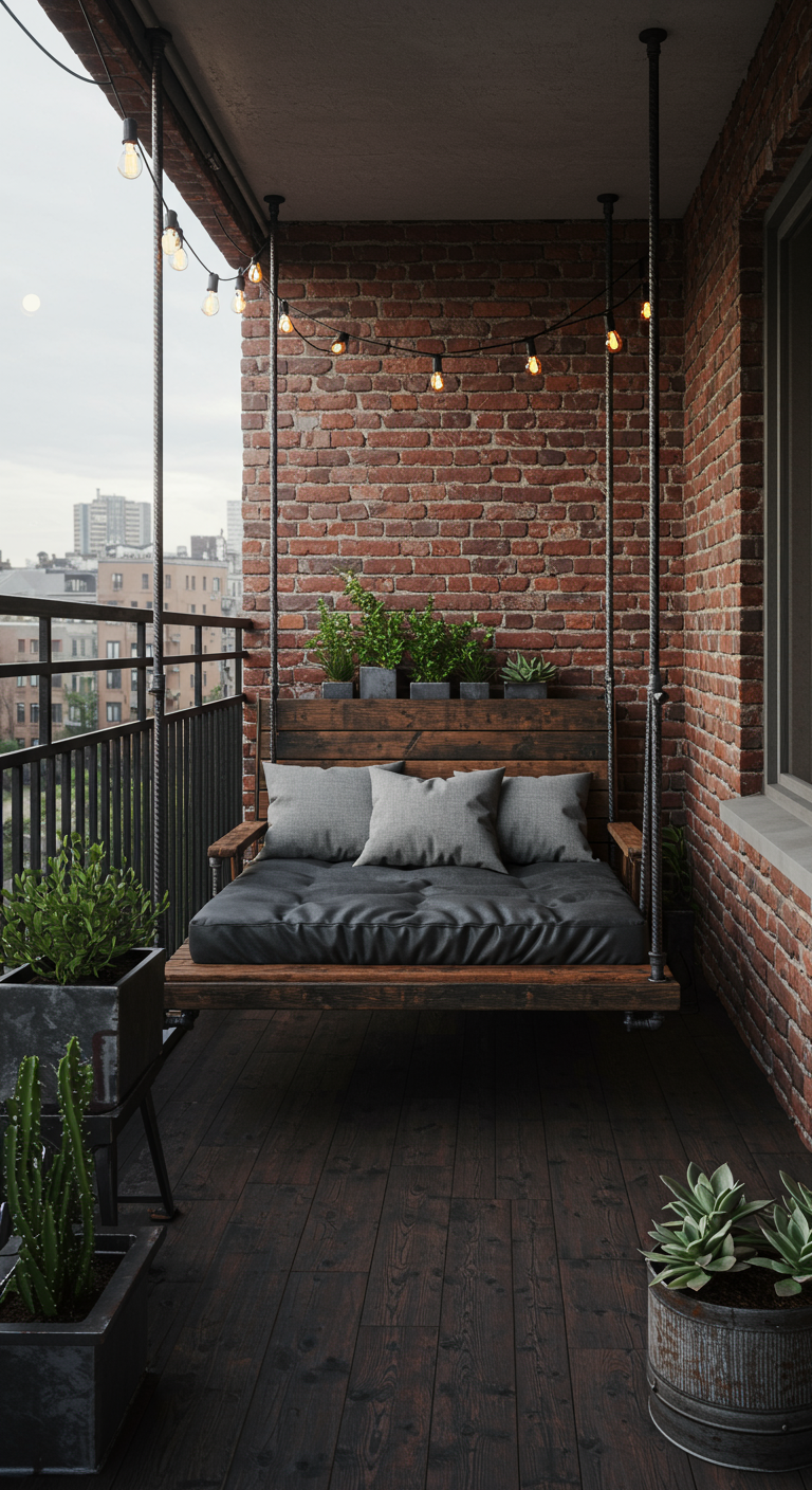 Industrieel houten schommelbed met grijze kussens op een balkon met bakstenen muur en lichtsnoer.