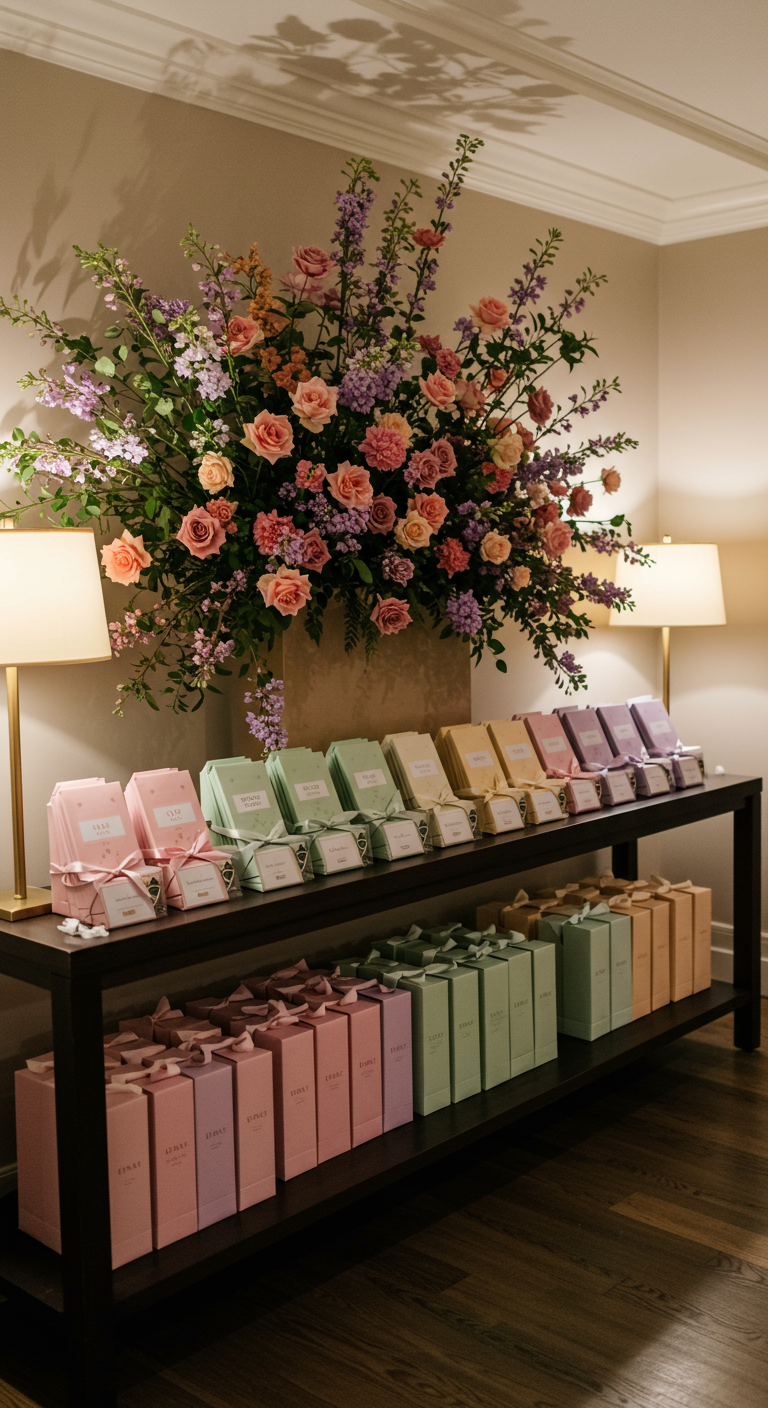 Tafel met gastgeschenken in doosjes in pastel regenboogkleuren, met een groot bloemstuk.