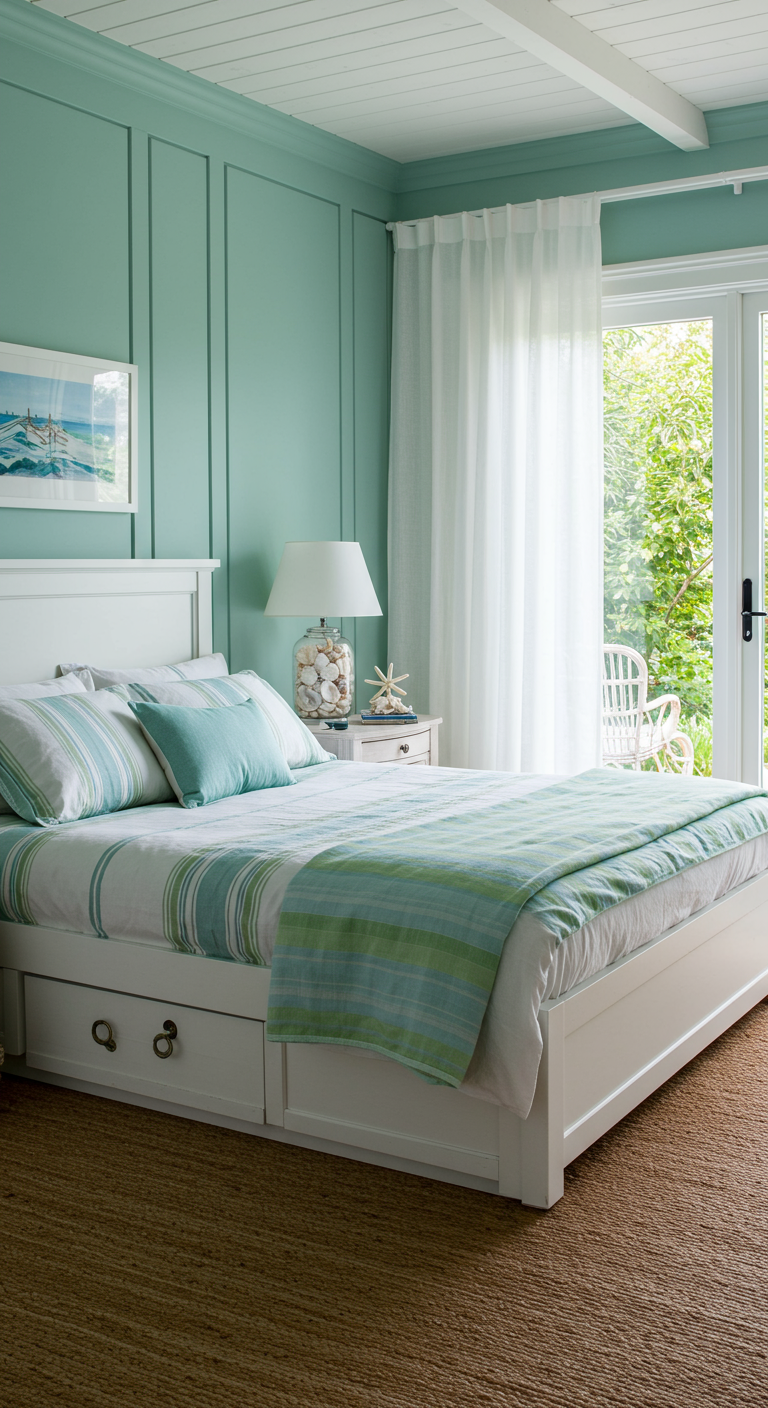 Slaapkamer met mintgroene panelenmuur, wit bed en gestreept beddengoed.