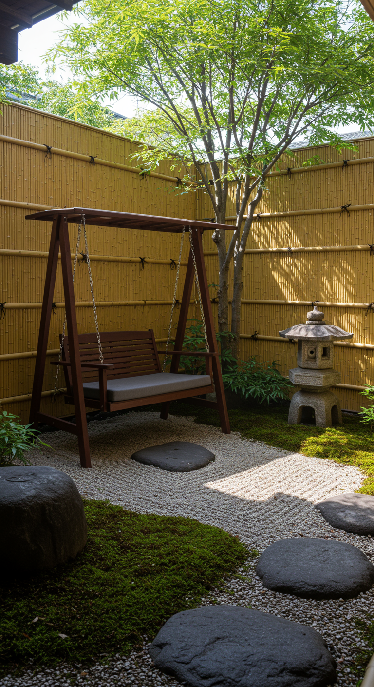 Houten schommelbank in een serene Japanse zentuin.