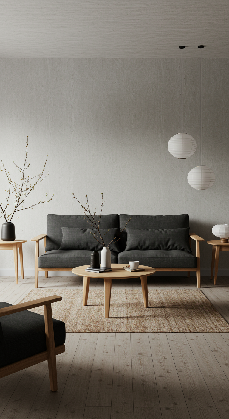 Minimalistische woonkamer met donkergrijze bank en rijstpapieren lampen.